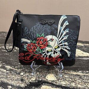 Ed Hardy Black Wristlet with Red Rose & White Skull Graphic